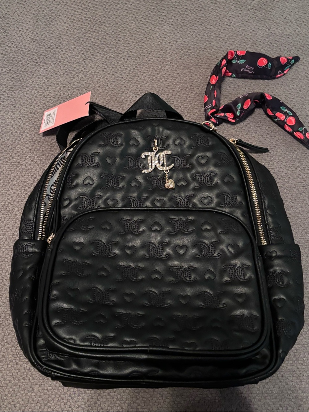 Juicy Couture Black Quilted Heart Logo Backpack with Cherry Scarf